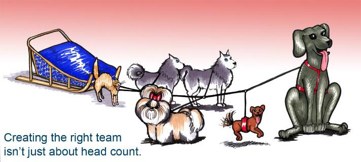 cartoon of multiple dog breeds tied to sled