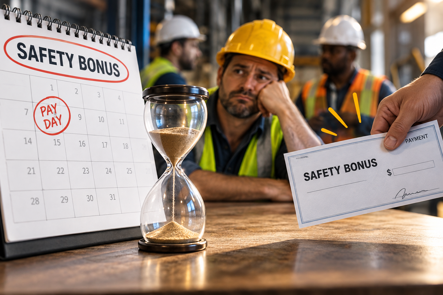 AI pic. Manual laborers in the background. Pensive laborer in the midground. Calendar with 6 day week titled Safety Bonus on the left with day 8 circled as payday. An hourglass front center. A hand holding a check with safety bonus typed on it with signature and amount left blank.