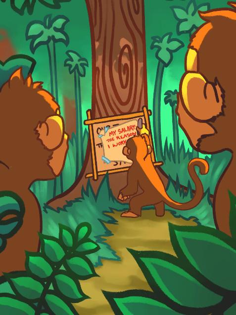 A cartoon drawing of three monkeys reading a sign on a tree.