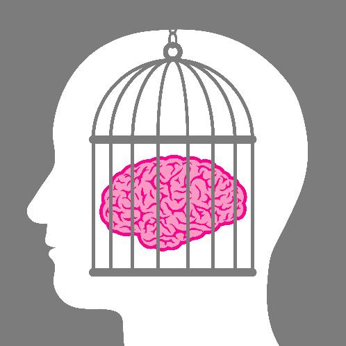 A brain inside a birdcage inside a silhouette of a head.