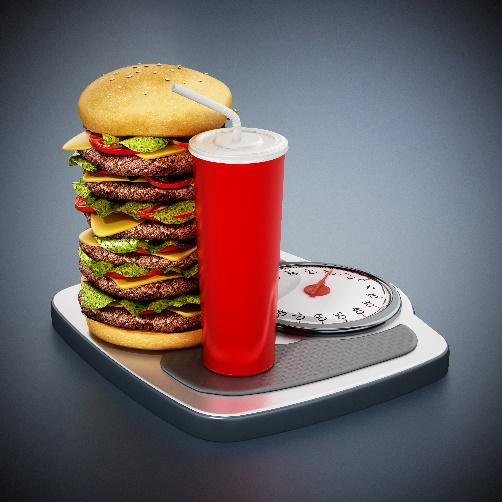 Septuple stacked hamburger and tall drink on a bathroom scale.