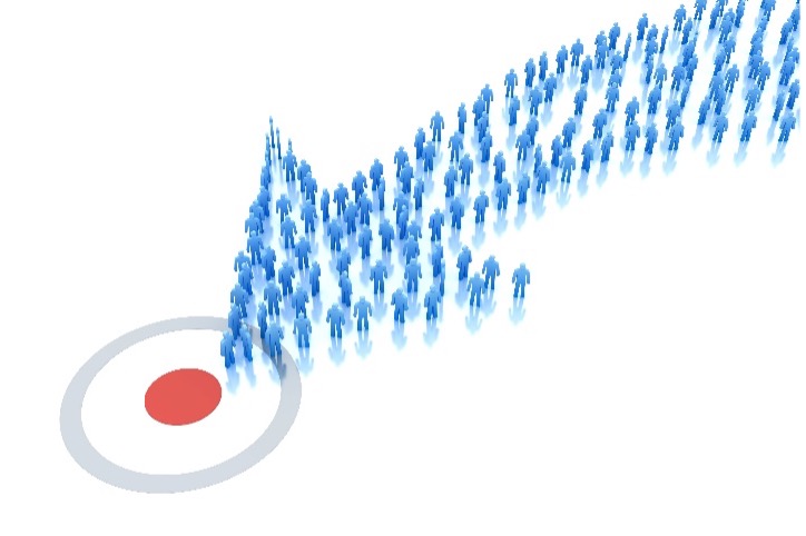 Arrow made of blue people pointing at the center of a bullseye.