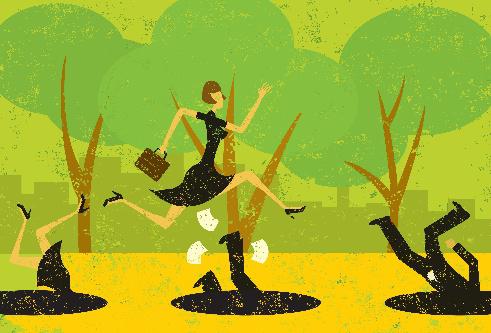 An illustration of a figure in a dress jumping over holes in the ground.