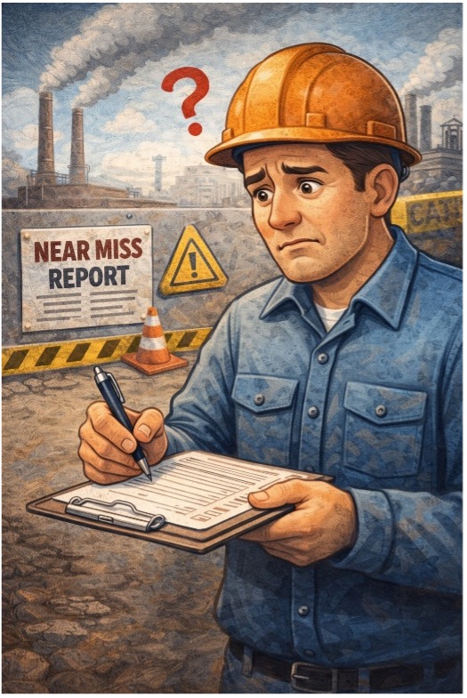 An AI generated cartoon of a concerned blue collar worker with a pen and clipboard in front of a short wall with a sign the reads NEAR MISS REPORT and a floating red question mark above their head.