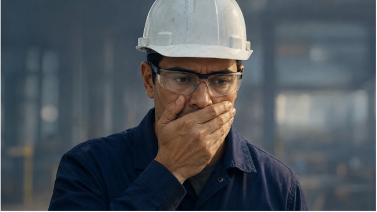 Construction worker with hand over mouth.