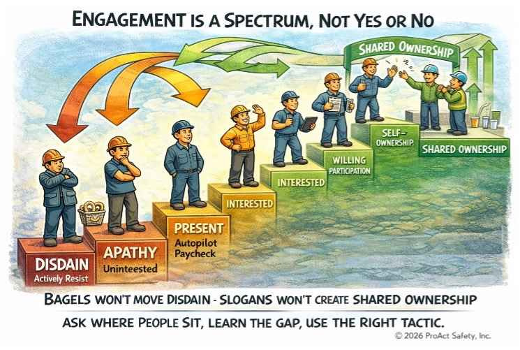 AI generated image with slogan engagement is a spectrum not a yes or no, with stairstep levels of engagemnet.
