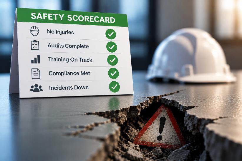 AI image of a safety scorecard on a concrete table with a crack and a warning symbol in the crack, and a white hard hat in the background.