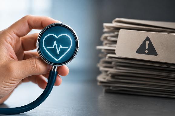 Foreground has AI image of a hand holding a stethoscope diaphragm with a stylized heart on the diaphragm, background is a stack of files with a warning sign.