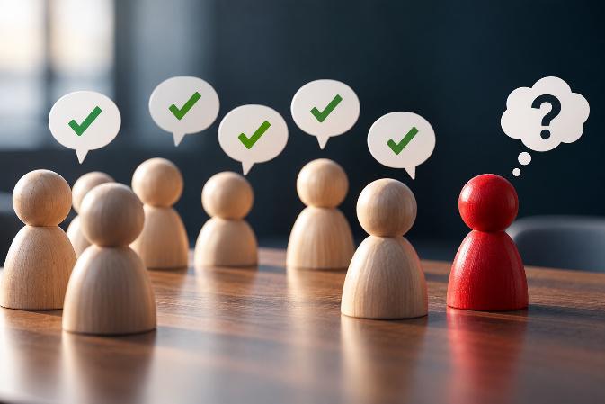 AI image of one red, wooden, pawn-like figure with question mark in a thought bubble in front of seven, wooden, pawn-like figures with 5 speech bubbles containing a green check mark in each.